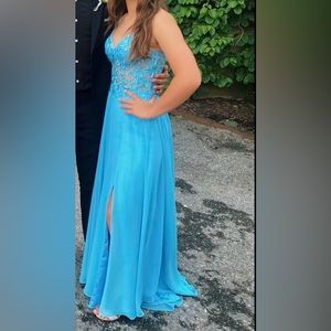 dave and johnny style A10364 blue prom dress corset top with slit